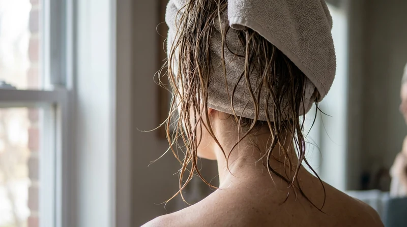 Un cabello recién lavado y secado con toalla, visto desde atrás con luz de ventana