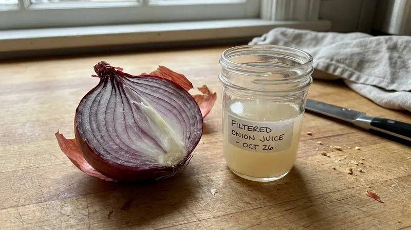 Una cebolla cortada por la mitad junto a un pequeño frasco con jugo de cebolla filtrado, sobre una encimera de cocina