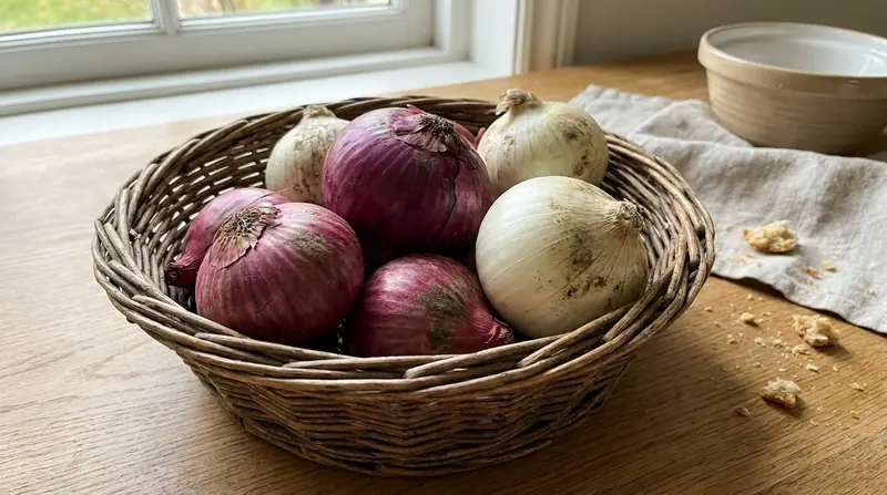 Cebollas moradas y blancas en un cesto de mimbre sobre una mesa de cocina