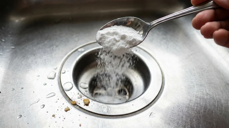 Un desagüe de fregadero con bicarbonato echándose desde una cuchara