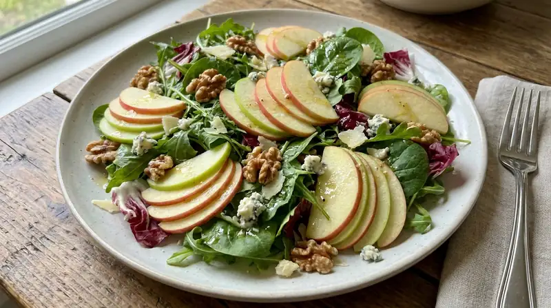 Una ensalada verde con láminas finas de manzana con piel, nueces y queso, en un plato grande