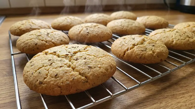 Galletas caseras de anís recién horneadas sobre una rejilla, con las semillas visibles en la masa