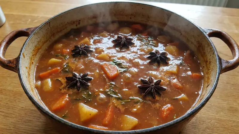 Un guiso con anís estrellado flotando entre el caldo y las verduras, en una olla destapada