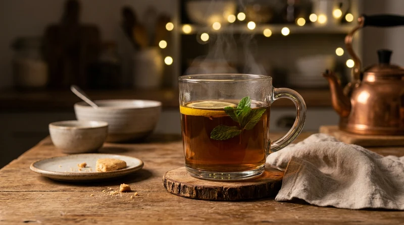 Una infusión digestiva humeante servida después de la cena, en una cocina con luz cálida de noche