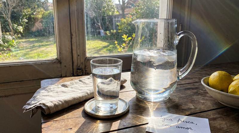 Jarra de agua y vaso junto a la ventana