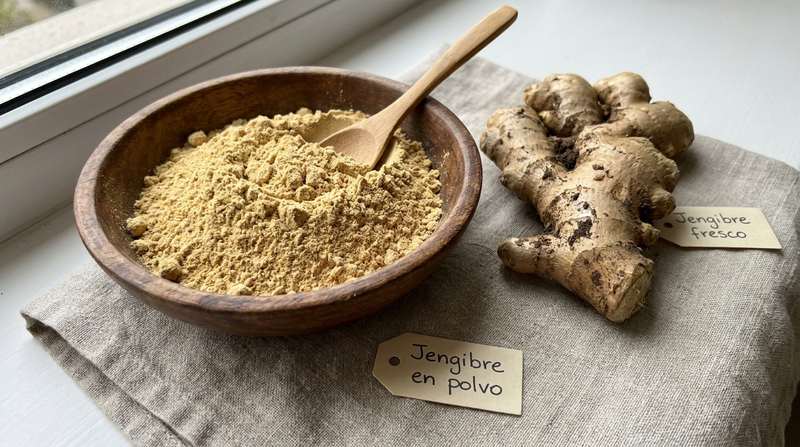 Cuenco de jengibre en polvo junto a la raiz fresca