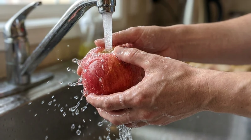 Unas manos lavando una manzana bajo el chorro del grifo, con las gotas visibles