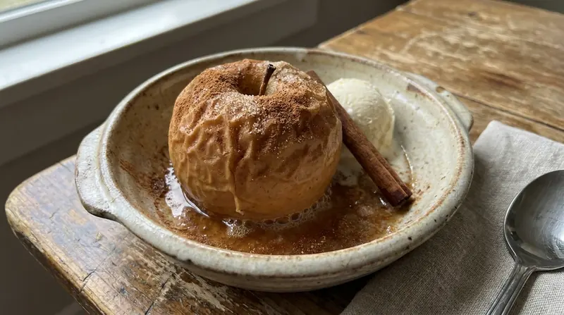 Una manzana asada al horno en un molde de cerámica con canela espolvoreada por encima