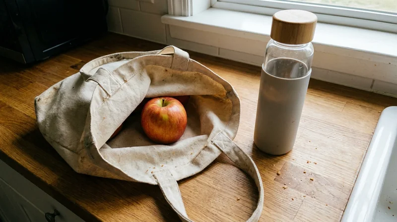 Una manzana en un bolso abierto junto a una botella de agua, lista para llevar al trabajo