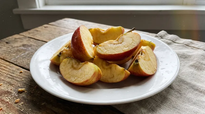 Una manzana cortada en gajos con la piel intacta, sobre un plato blanco