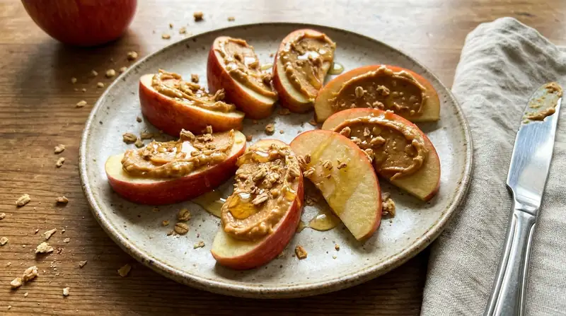 Una manzana con crema de cacahuete untada en los gajos, servida como merienda en un plato pequeño