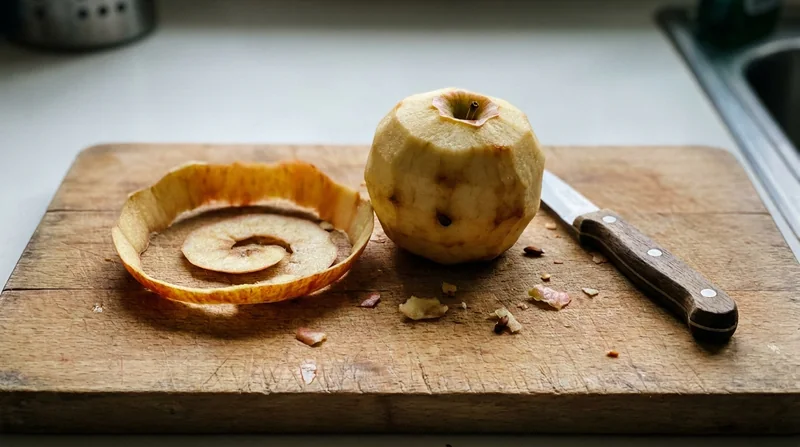 Una manzana pelada con su piel enrollada al lado, sobre una tabla de cocina