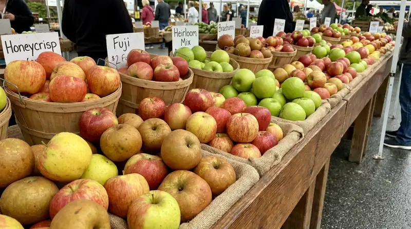 Manzanas de variedades distintas alineadas en un mercado, con colores y tamaños diferentes