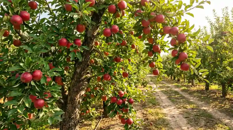 Un manzano cargado de frutos rojos entre las hojas verdes, en un huerto bajo el sol