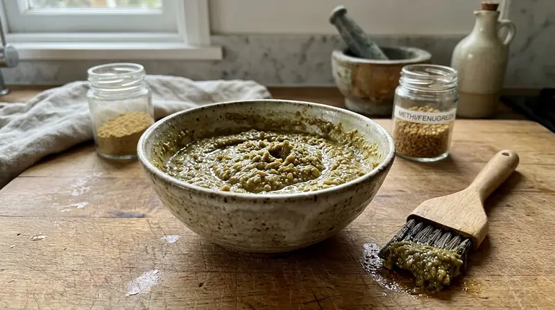 Una mascarilla capilar casera hecha con pasta de fenogreco en un cuenco, junto a un pincel de cocina
