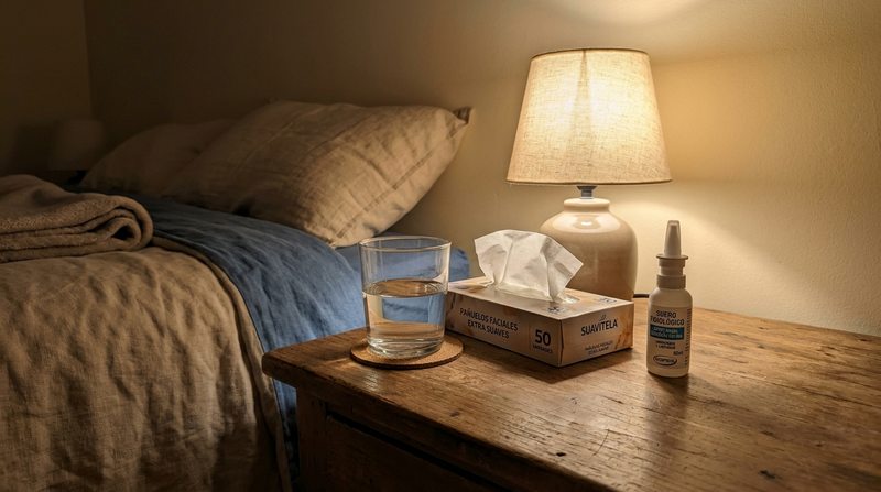 Mesita de noche con agua, pañuelos y suero