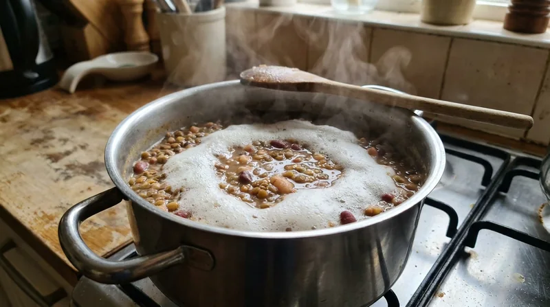 Una olla con legumbres cociendo con una pizca de bicarbonato, con la espuma en la superficie