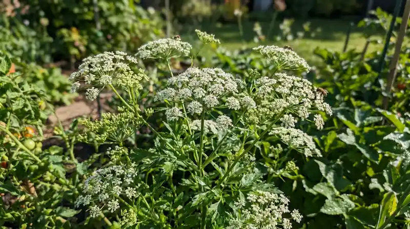 Una planta de anís verde con sus flores blancas en umbela, en un huerto soleado