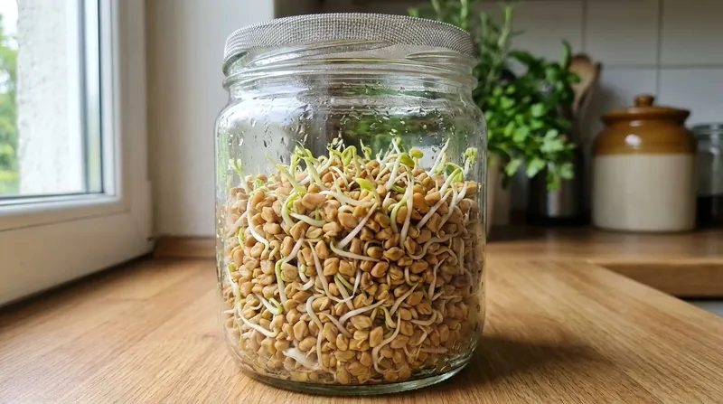 Semillas de fenogreco germinadas en un tarro de germinación, con los brotes blancos asomando