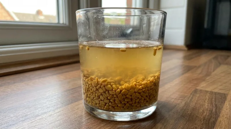 Semillas de fenogreco en remojo en un vaso de agua, con el líquido ligeramente espeso y amarillento