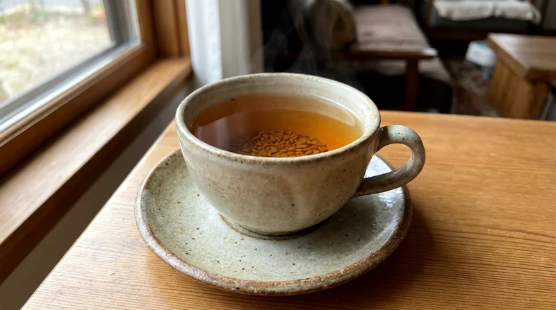Una taza de infusión de fenogreco con las semillas en el fondo, sobre un platillo de cerámica